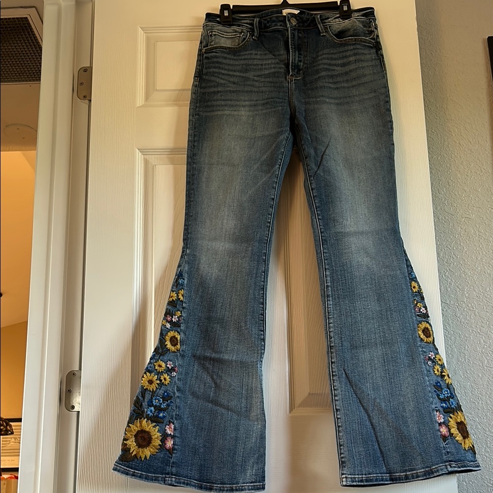 DRIFTWOOD Blue Flare & Wide Leg Jeans with Embellished Design
